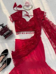<b>Red</b> Embroidered Lehenga <b>Saree</b> for Women Butterfly Net Pleated Pallu Party Wedding Dress - Product Image 5