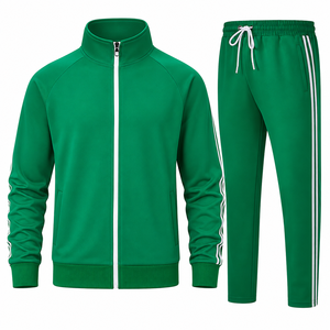 Men's Green Full Zip Tracksuit Set Solid Color Jacket and <b>Jogger</b> Pants with <b>White</b> Side Stripes Breathable Polyester - Product Image 1