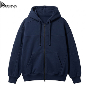 OEM Unisex Relaxed Fit Paneled Full-Zip Hoodie, Long Sleeve Heavyweight <b>Navy</b> Blue <b>Fleece</b> Hoodie with Two-Way Zipper Pull - Product Image 1