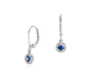 Pendientes colgantes de oro de 10 quilates con zafiro azul y diamantes naturales (naturales) con halo - Product Image 1