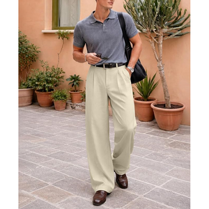 <b>Men's</b> Beige Wide Leg <b>Pleated</b> <b>Trousers</b> High Waist Casual Anti-Wrinkle Polyester Pants Autumn Style - Product Image 5