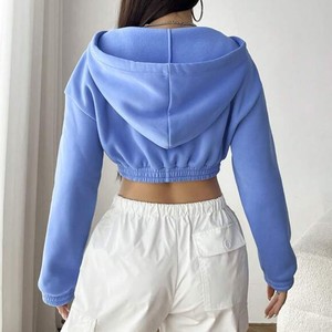 Blue Cropped <b>Hooded</b> <b>Fleece</b> Windproof Sweatshirt Drawstring Waist Regular Sleeve Pocket Solid Color Casual Regular Fit Autumn - Product Image 5