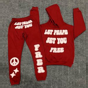 Chándal de algodón con logotipo personalizado para hombre, ropa de calle, trajes de chándal ajustados de color sólido con estampado de farol y Sudadera con capucha - Product Image 3