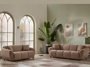 Juego de Sofás de Madera de Teca Sólida de Lujo, Sofá Moderno Curvo de Chenilla Color Taupe, Sofá de 3, 2 y 1 Plazas, Mesa de Centro, Muebles para Sala de Estar de Villa - Product Image 6