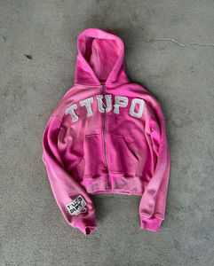 Sweat à capuche zippé en coton surdimensionné personnalisé, broderie vieillie printemps, style streetwear, court, avec strass, pour homme - Product Image 1