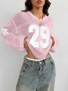 Top de punto de malla para mujer, cuello en V oversize, manga larga, estampado de números, estilo urbano, moda, venta al por mayor OEM - Product Image 6