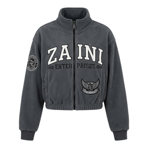 Chaqueta Corta para Mujer, 320 GSM, Polar Premium, con Bordado Personalizado, Parche de Chenilla, Impresión Serigrafiada, Cierre Completo, Gris y Negro - Product Image 1