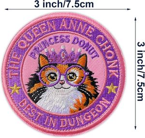 Custom Round Embroidered Patch Cartoon Cat <b>Iron</b> On Sew On Patch Pink Border for Clothing Bags Hats - Product Image 2