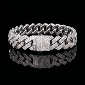 Bracelet de luxe en argent pour homme, style Miami Cuban Link, entièrement pavé de diamants CZ, chaîne lourde avec fermoir carré, bracelets Hip Hop pour hommes - Product Image 2