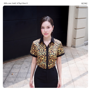 Women’s Leopard Pattern Silk Blouse and <b>Black</b> Khaki Midi <b>Skirt</b> Co Ord Set with Short Sleeves for Elegant Casual Wear OEM ODM Who - Product Image 4