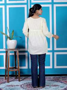 Haut ample en organza brodé floral pour femme, tunique décontractée ethnique à col en V et manches longues pour le quotidien - Product Image 3