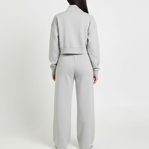 New Arrival Women's Embroidered Mesh Crop <b>Top</b> Zipper Hoodie Baggy Joggers Set Breathable Solid Color Casual Wear Sweatsuit OEM - Product Image 3