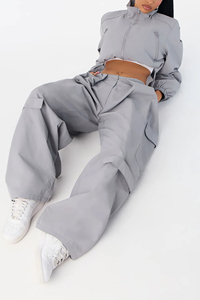 <b>Women's</b> Gray Nylon Windbreaker Tracksuit Set Loose Fit crop top <b>jacket</b> <b>Cargo</b> Pants Zipper <b>Jacket</b> summer windbreaker suit set - Product Image 5