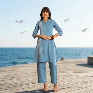Blue <b>Linen</b> Embroidered Kurta <b>Set</b> Turn-down Collar Three Quarter Sleeve Loose Fit Midi Dress Casual Pants Summer Wear - Product Image 1