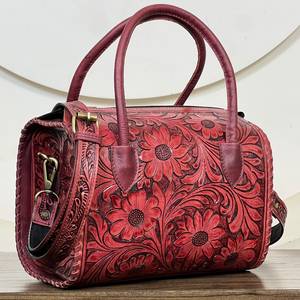 Sac de voyage Speedy en cuir véritable fait main, motif floral, pour femme, style western, sac à bandoulière, sac de week-end, prix d'usine - Product Image 3