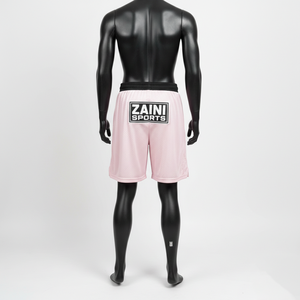 Shorts de baño de malla de poliéster de alta calidad, color rosa suave, panel de cintura negro, logotipo personalizado con transferencia térmica, secado rápido, shorts de malla para hombre - Product Image 5