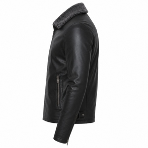 <b>Men's</b> Premium Black Genuine Leather <b>Jacket</b> with <b>Shearling</b> Collar Custom Winter Casual Zip-Up Leather Coat - Product Image 2