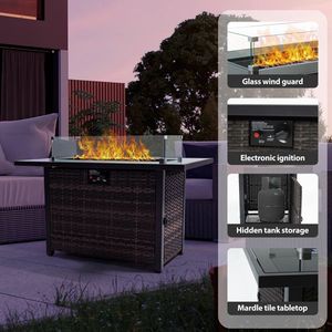 Focolare a Gas Propano da Esterno da 50.000 BTU, Senza Fumo, con Coperchio, Protezione Vento in Vetro e Base in Vimini per Giardino e Patio - Product Image 2