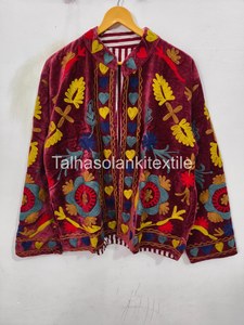 Hand Embroidered <b>Velvet</b> <b>Jacket</b> Women's Floral Prairie Chic Coat Spring Wear Mandarin Collar Full Sleeve Blue Pink Brown Design - Product Image 2