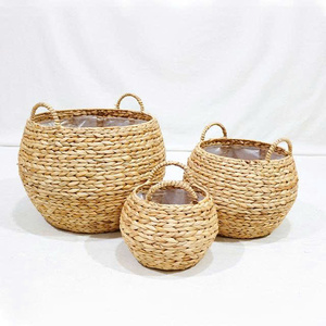 Minimalist Multifunction Set of 3 Woven Water Hyacinth <b>Belly</b> <b>Baskets</b> with Plastic Liner - Product Image 2