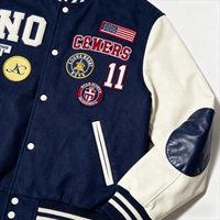 Blouson Bomber en Jean Personnalisé pour Homme, Style Varsity, Broderie Chenille, Manches en Cuir, Color Block, Streetwear, Séchage Rapide, Hiver
