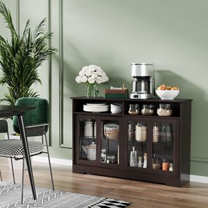 Credenza da cucina Mid-Century in rovere con ante scorrevoli in vetro e ripiani regolabili, marrone scuro - Product Image 2