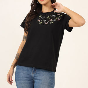 Camisetas Bordadas para Mujer, Fabricante OEM, Camiseta de Algodón Premium con Diseño de Bordado Cosido para Marcas de Moda y Pedidos al por Mayor - Product Image 1