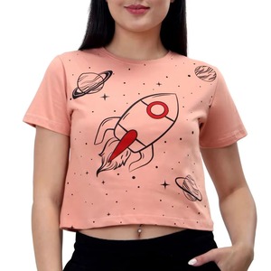 เสื้อยืดครอปท็อปผู้หญิงพิมพ์ลายจรวดอวกาศ คอกลม แขนสั้น สวมใส่สบายๆ ในฤดูร้อน ผ้าเจอร์ซีย์คอตตอน 100% ออกแบบพิมพ์ลายได้ตามต้องการ - Product Image 1