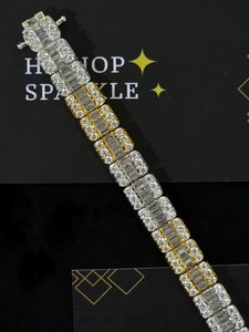 Bracelet unisexe en argent sterling 925 bicolore avec moissanite taille brillant, maillons carrés style punk, bijoux hip-hop bling pour soirée, finition dorée - Product Image 1