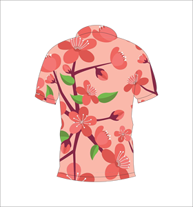 เสื้อโปโลลายดอกซากุระสีชมพู ลายกิ่งสีแดง ลายใบไม้สีเขียว แขนสั้น ลำลองสำหรับฤดูร้อน มุมมองด้านหน้าและด้านหลัง - Product Image 1