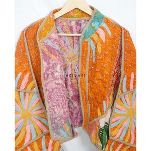 Vintage Quilted Kantha Women's Jackets 100% Cotton Eco-Friendly Reversible Quick Dry Mandarin Collar Customizable Open Closure - Product Image 4
