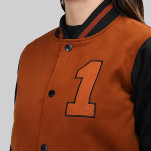 <b>Women's</b> Varsity <b>Jacket</b> Orange <b>Black</b> Full Sleeve Button Front Letter 1 Design Autumn Style Regular Length - Product Image 6