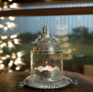<b>Silver</b> Plated Glass Akhand Jyoti Diya Lantern Candle Stand Holder for Home Temple, available at wholesale prices. - Product Image 1