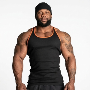 Débardeur noir grande taille pour homme avec bordure orange, tricoté, sans manches, col rond, décontracté, pour la gym et l'entraînement - Product Image 1