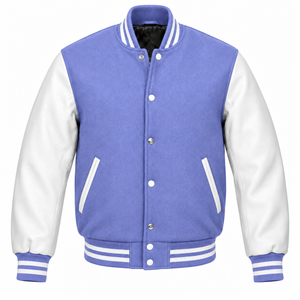 Veste universitaire pour homme, couleur violette, blocs de couleurs, manches en similicuir blanc, col montant, boutons-pression, vêtement d'extérieur d'hiver - Product Image 1