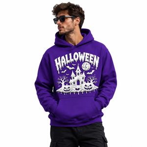 Sweat-shirt à capuche graphique personnalisé pour homme, violet, avec impression 3D de maison hantée, citrouille, chauve-souris et lune - Product Image 1
