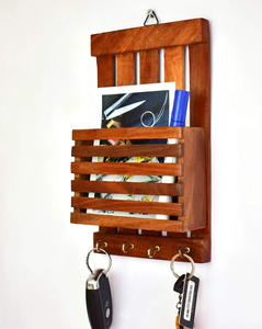 Wooden Wall Mounted Key Holder | Magazine Organizer Rack | Entryway Mail Storage | Multi Hook Display <b>Shelf</b> for Home Office - Product Image 3