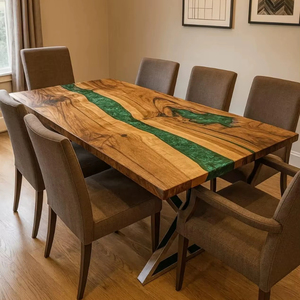 Custom Green <b>Epoxy</b> Acacia Wood Live Edge Dining <b>Table</b> Luxury Modern Eco-Friendly Agra Heritage Marble Crafts Rectangle Indoor - Product Image 2