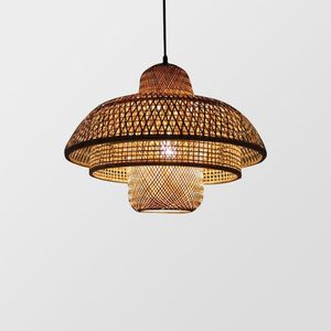 Eco-Friendly Woven Dark Bamboo Lampshade Tiered Structural Pendant Light Fixture Rustic Chandelier <b>Lamp</b> for <b>Kitchen</b> Island - Product Image 1