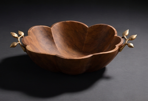 Bol à salade en bois de noyer foncé, design festonné floral, avec accents de feuilles et de branches - Product Image 3