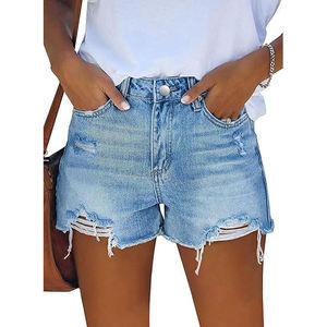 Fresh Sky Blue Distressed Denim Shorts Women High Waist Ripped Jean Shorts Summer Casual Frayed Hem Shorts Reasonable Price - Product Image 1