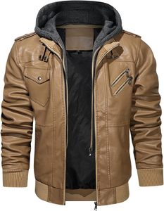 <b>Men</b> Brown PU <b>Leather</b> Moto Biker <b>Jacket</b> Hooded Zipper Front Solid Color Autumn Slim Fit Regular Sleeve Windproof - Product Image 1
