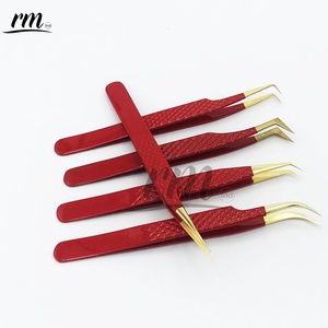 Ensemble de pinces à cils en acier inoxydable, couleur rouge vif, pointe brillante or 24 carats, poignée diamantée professionnelle, logo personnalisé - Product Image 4
