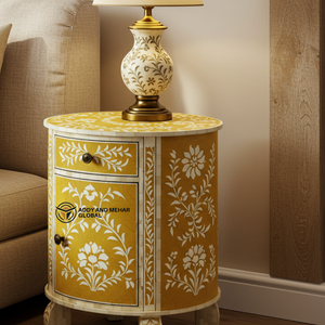 Mesa de Noche Redonda de Madera Artesanal Ecológica con Incrustaciones Florales Amarillas Modernas de Lujo con 2 Cajones - Product Image 3