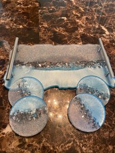 Resin Tray and Coaster <b>Set</b>: <b>Blue</b>, Silver Glitter, Custom Available - Product Image 4