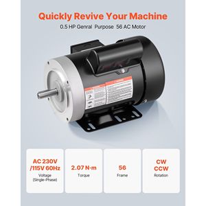 Motore Elettrico AC da 0,5 HP 1725 RPM per Compressore d'Aria, Rotazione CW/CCW, Diametro Albero 5/8 Pollici, Lunghezza Albero 1,88 Pollici, 2,07 N.m - Product Image 2