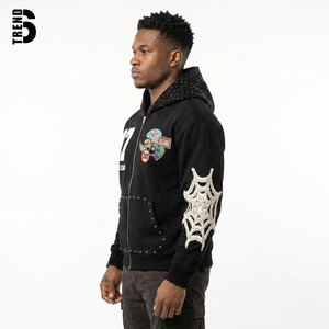 Sweat-shirt à capuche zippé noir pour homme, style streetwear, avec broderies et patchs, coupe oversize, 100% coton molletonné respirant, service OEM - Product Image 2