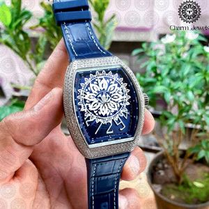 Charm Jewels Men's Luxury Stainless Steel Tonneau Mechanical <b>Watch</b> With Blue Leather Strap And <b>Diamond</b> Bezel 42mm Analog Dial - Product Image 1