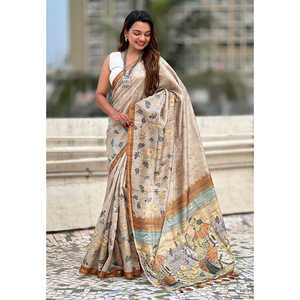 Sari Amarillo Elite Weaves de Seda Katki con Estampado Floral y Borde con Ribete, Vestidos Elegantes para la Noche - Product Image 1