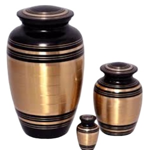 Elegant Black & Gold Brass Cremation Urn For Adult Human Ashes Handcrafted Metal Funeral <b>Memorial</b> Urn With Polish Striped Design - Product Image 1